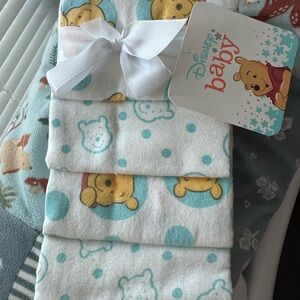 Disney Winnie the Pooh 4 Pack Flannel Blankets - White & Light Teal